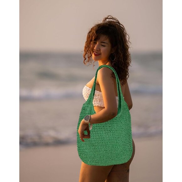 Women's Green Large Straw Beach Bag Handmade Woven Shoulder Hobo Tote Handbag - Picture 5 of 5